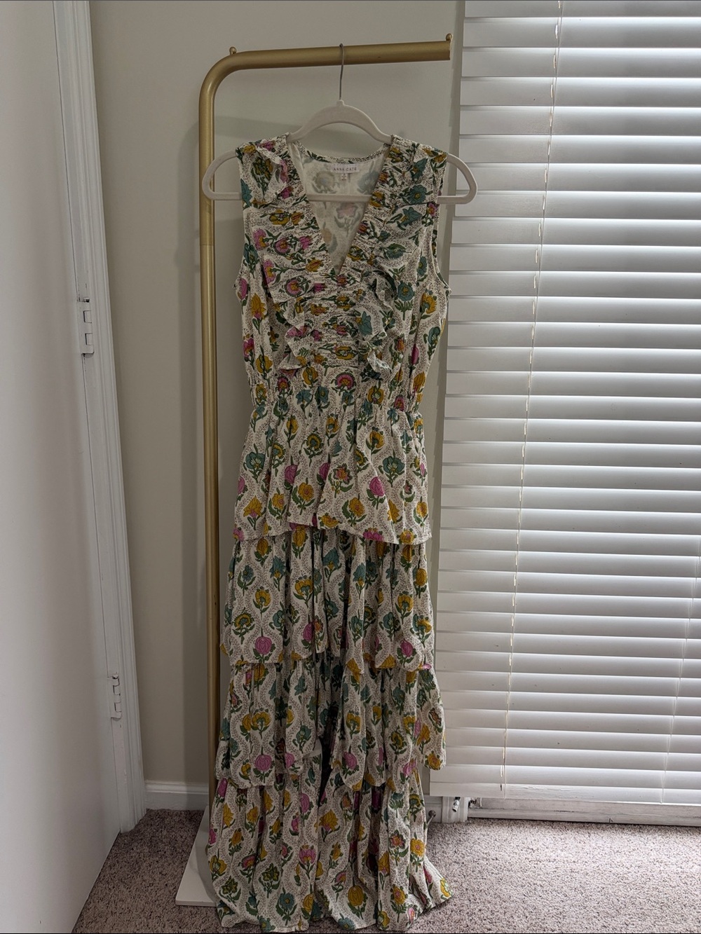 Anna Cate Floral Tiered Maxi Dress in White with Pink, Yellow & Green